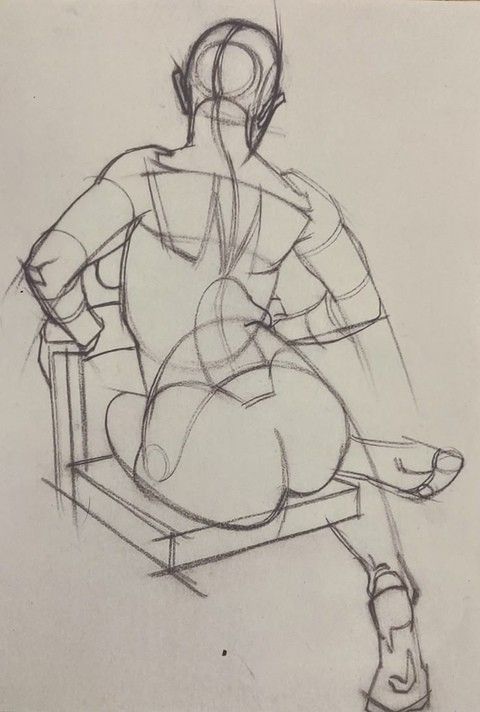 Sketch of a seated figure from behind, drawn using simple lines and geometric shapes, showcasing human anatomy basics.