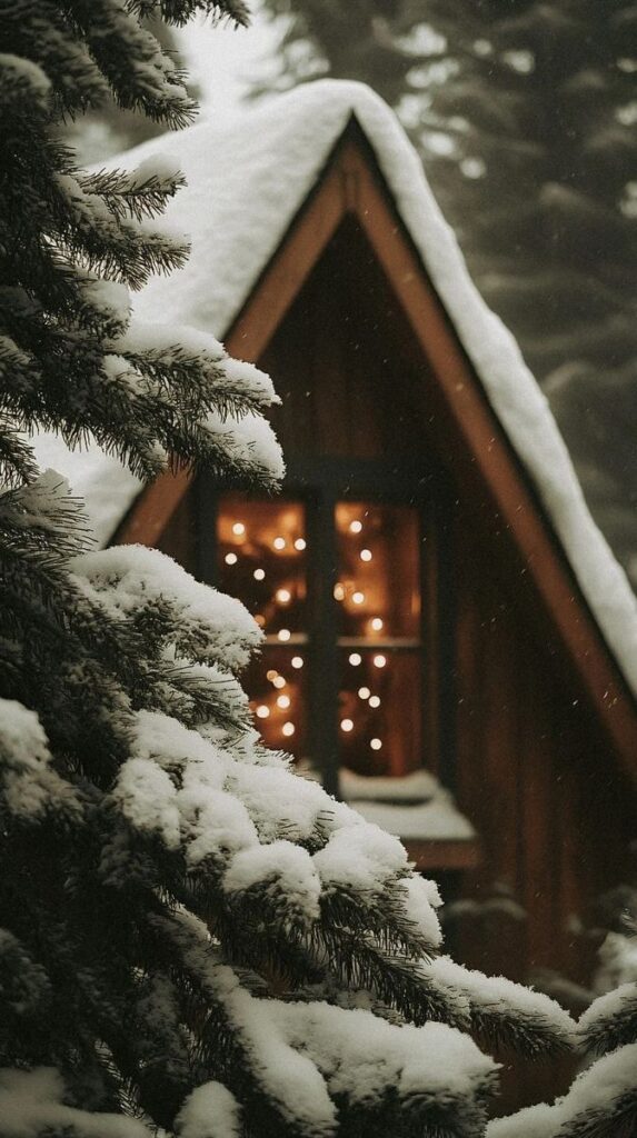 _ Cozy snow-covered cabin with glowing lights, nestled in a winter forest with pine trees. | Sky Rye Design Cozy snow-covered cabin with glowing lights, nestled in a winter forest with pine trees. Christmas iPhone wallpaper