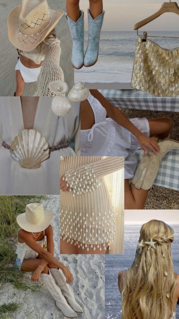 _ Collage of beach fashion: cowboy boots, shells, crochet, and ocean views for a summer boho look. | Sky Rye Design Collage of beach fashion: cowboy boots, shells, crochet, and ocean views for a summer boho look.