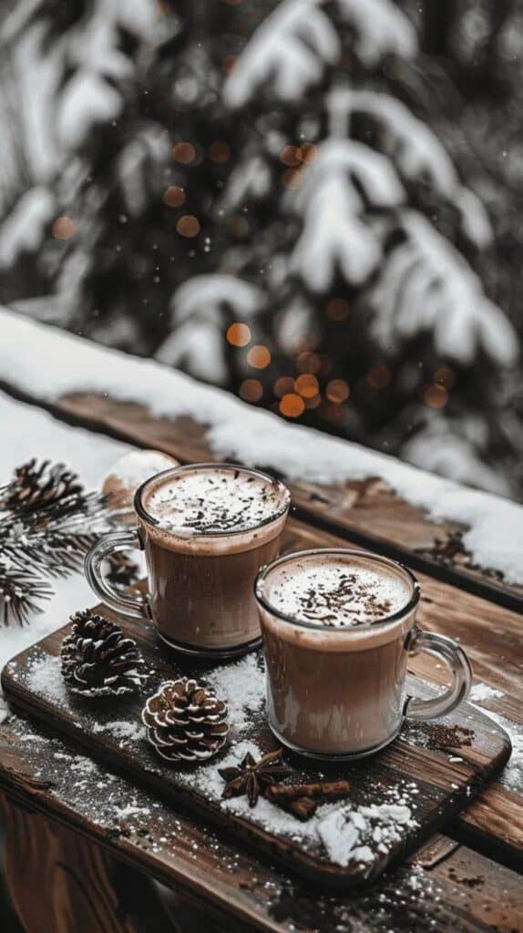 _ Two steaming mugs of coffee on a snowy table, with pinecones and bokeh lights in the background. | Sky Rye Design Two steaming mugs of coffee on a snowy table, with pinecones and bokeh lights in the background.