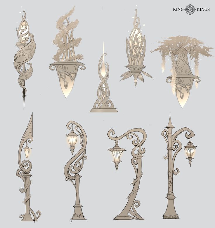 Ornate fantasy street lamp designs with intricate, whimsical patterns and unique shapes, ideal for creative inspiration.