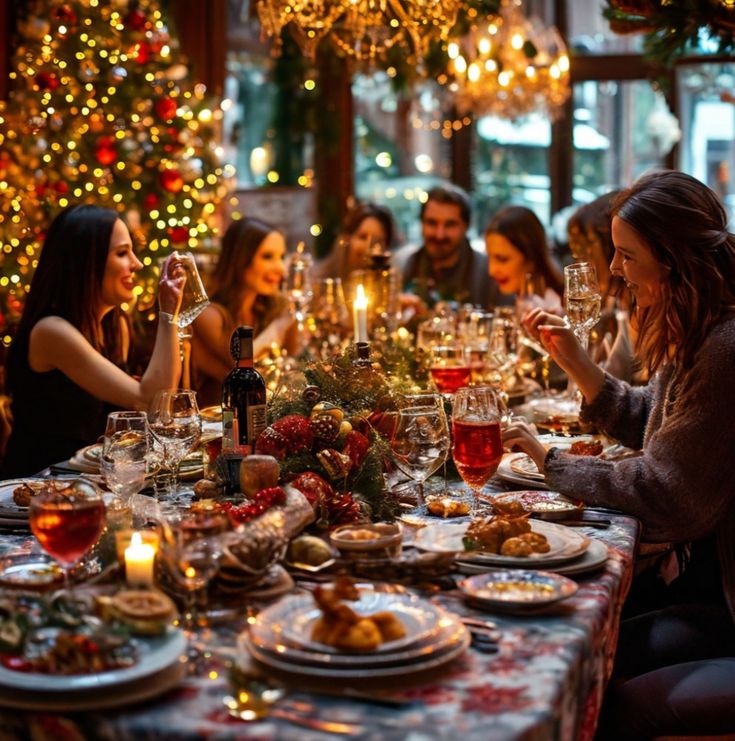 Festive dinner party with friends toasting around a beautifully decorated table, surrounded by Christmas lights and ornaments.