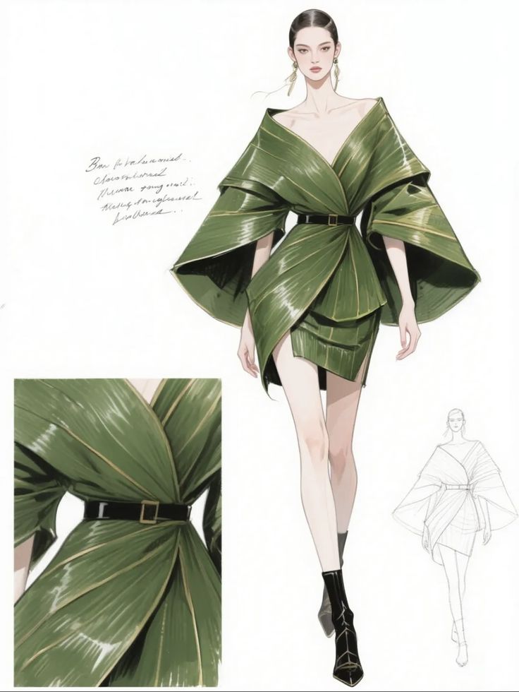 Illustration of a fashion model wearing a green leaf-inspired dress with large sleeves and a black belt. Clothing design
