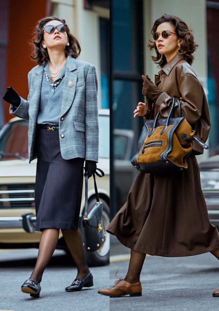 Stylish women in vintage fashion, gray blazer and brown coat, accessorized with chic bags and sunglasses.