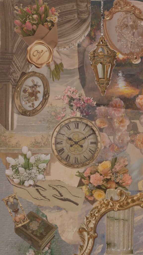 vintage wallapaper nature vibes Vintage collage with flowers, clock, and ornate frames, blending classic art and nature elements. | Sky Rye Design Vintage collage with flowers, clock, and ornate frames, blending classic art and nature elements.