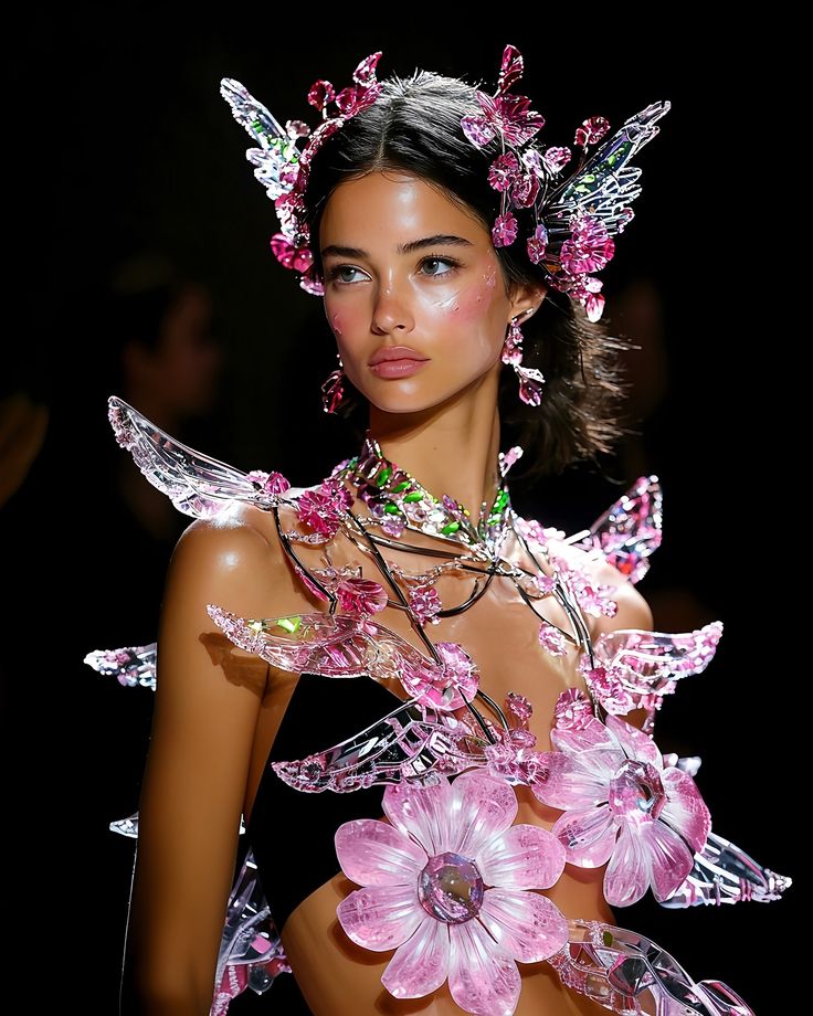 Model in floral fantasy outfit with pink flowers and crystal wings at fashion show. Enchanting and ethereal design.