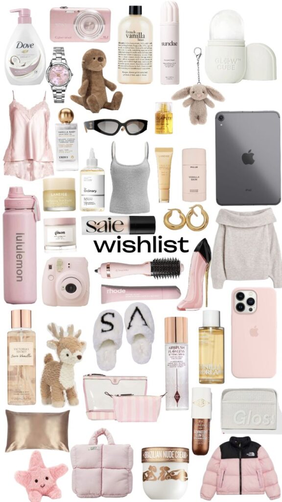 Pink-themed wishlist collage featuring beauty products, gadgets, and cozy apparel.