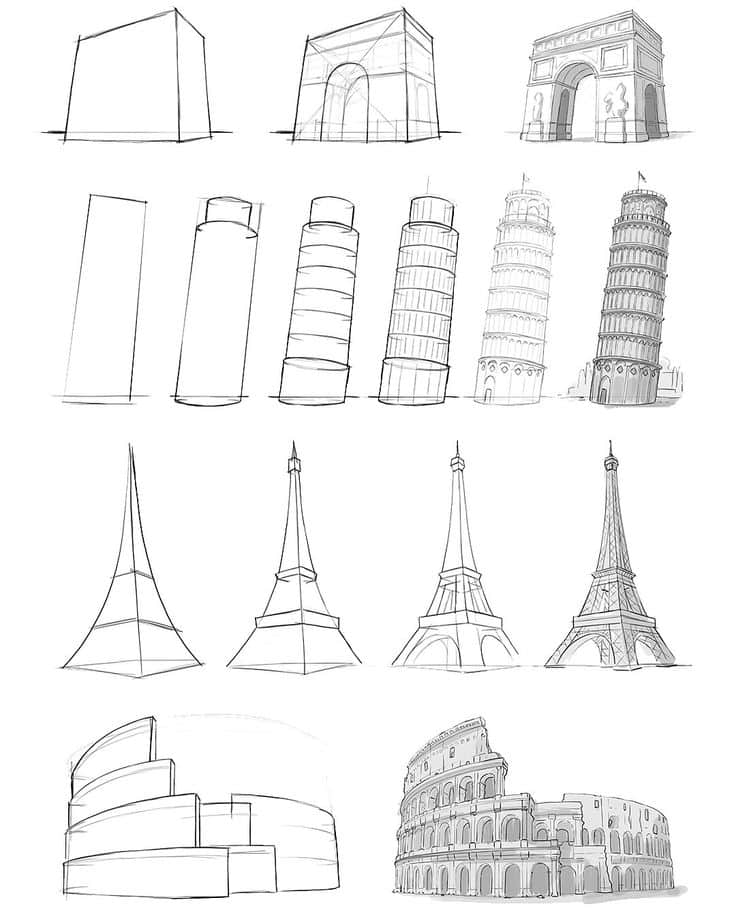 Step-by-step sketches of famous landmarks, including the Arc de Triomphe and Leaning Tower of Pisa.
