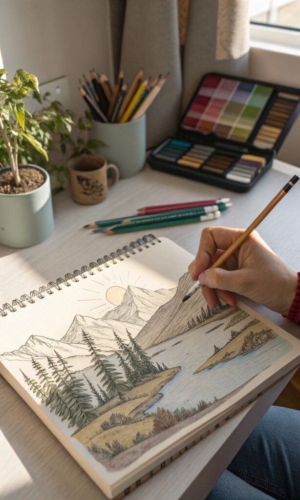 Person sketching a scenic landscape with mountains and trees in a notebook, surrounded by art supplies on a desk.