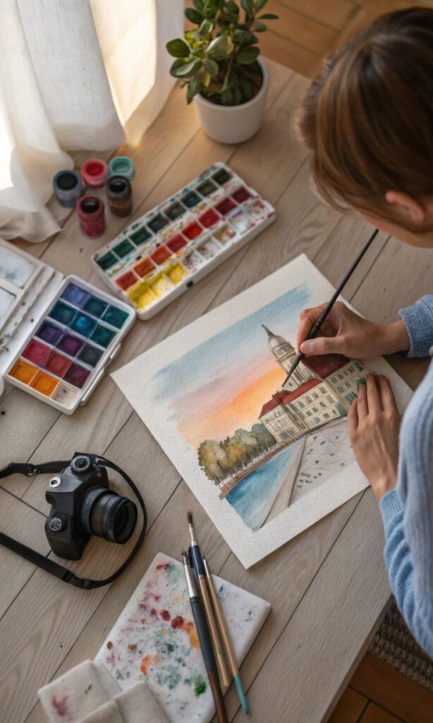 Artist painting landscape at a desk with watercolors, brushes, camera, and plant nearby.