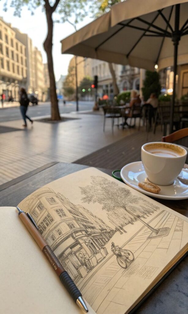 Open sketchbook with city scene, coffee cup nearby on a cafe table. Urban sketching outdoors.
