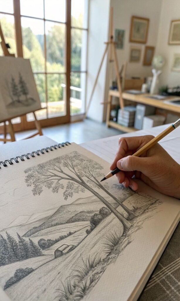Person sketching a detailed landscape in a sunlit studio, with trees and hills visible through the window.