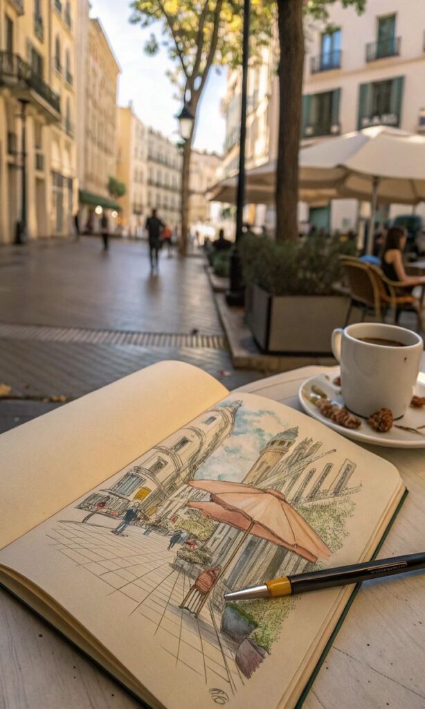 Open sketchbook with a city scene drawing, coffee cup, and pastries on a table in a sunlit European street café.