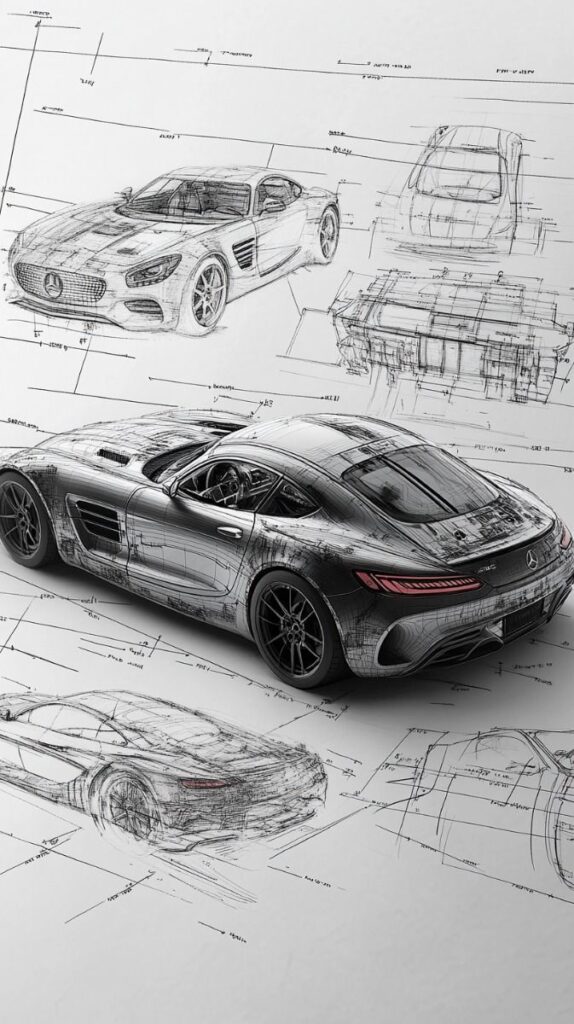 Sports car overlaid on detailed engineering sketches, showcasing design and technical blueprints.