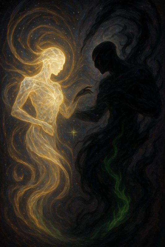 Ethereal light and shadow figures gracefully intertwining in a cosmic embrace, symbolizing duality and balance.