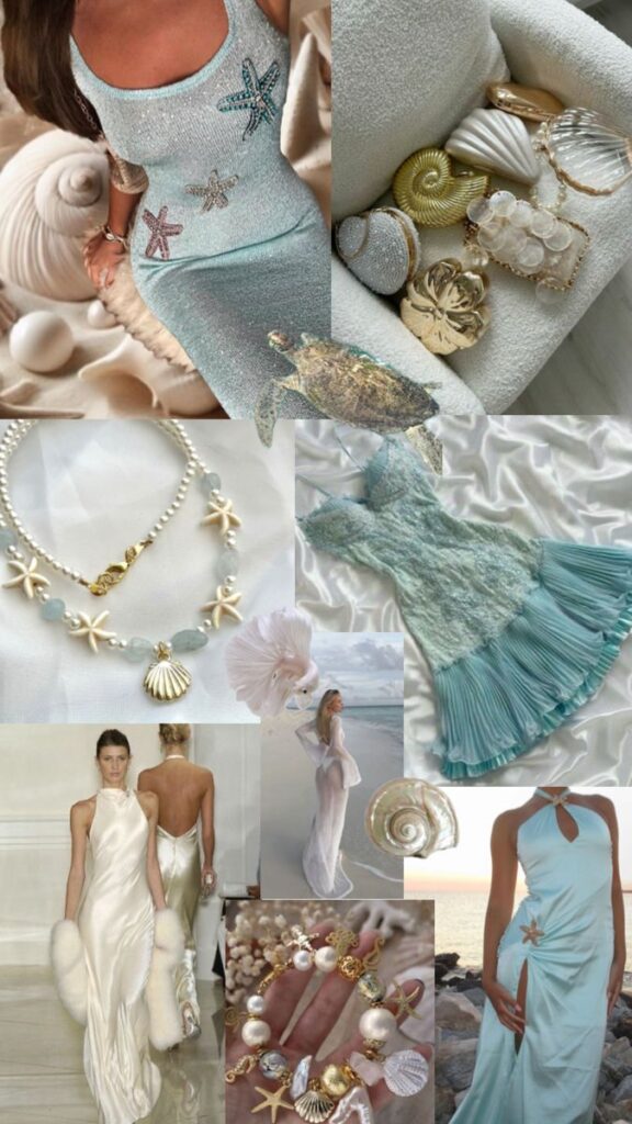 Море пляж пляжные образы пляжные наряды отпуск морская эстетика Fashion collage with sea-inspired dresses, jewelry, and shells in pastel shades. | Sky Rye Design Fashion collage with sea-inspired dresses, jewelry, and shells in pastel shades.