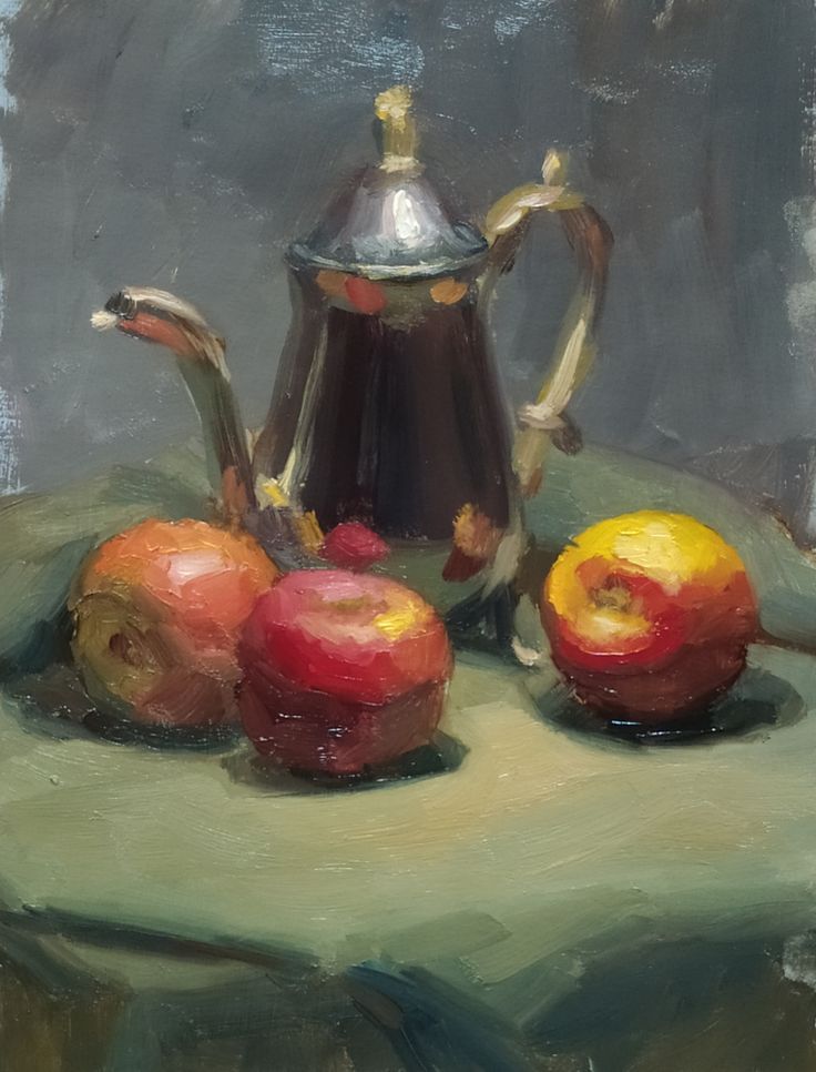Still life painting of a metal pitcher with three apples on a green cloth background.