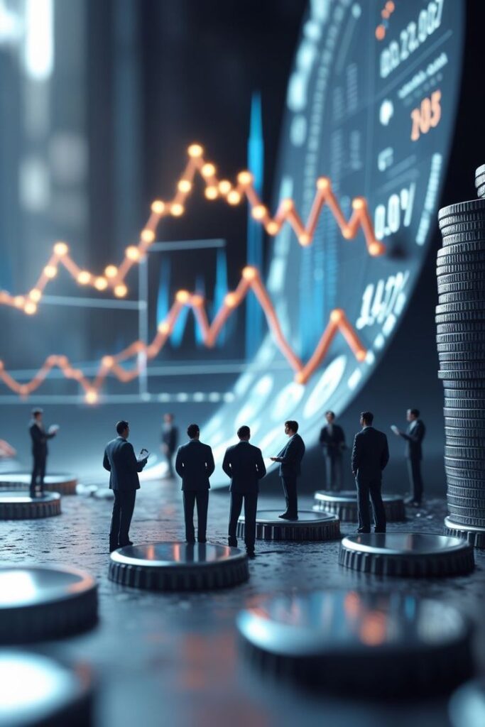 Business figures analyze financial data on charts, standing on large coins in a futuristic setting.