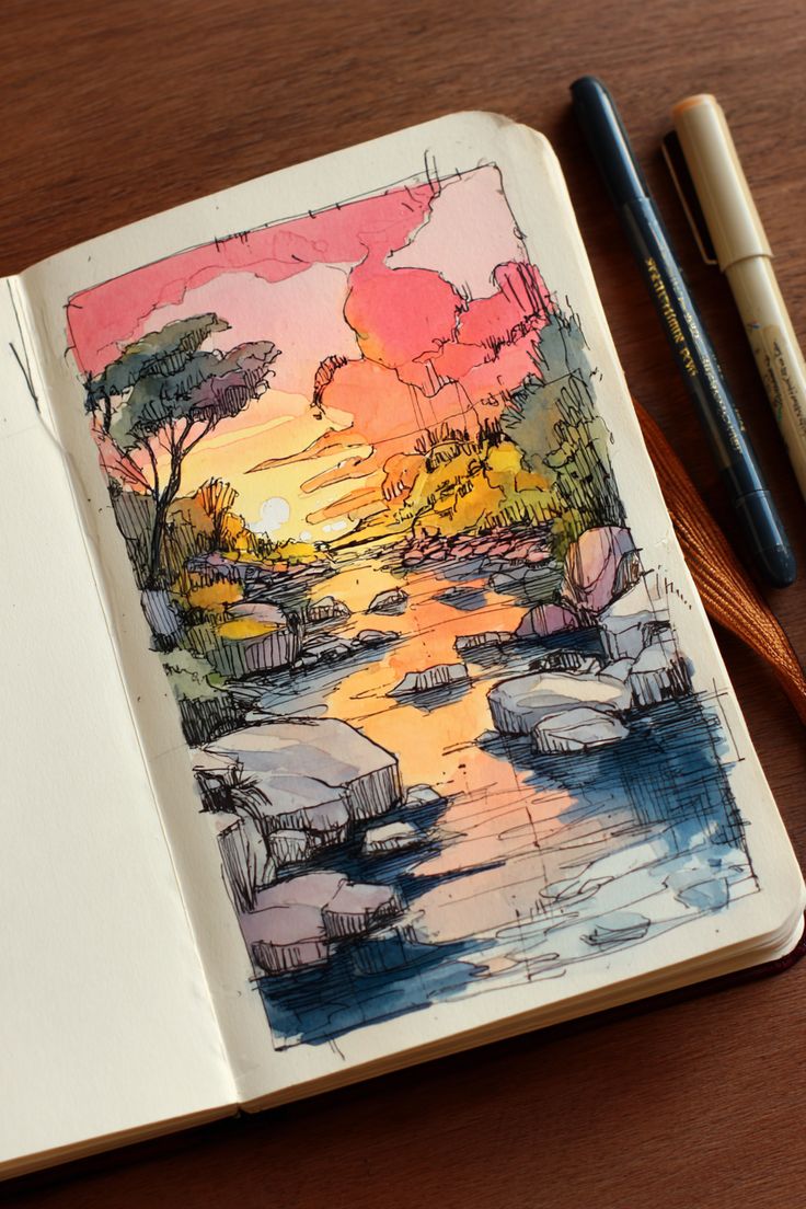Sketchbook page with a colorful sunset landscape drawing, featuring a river and trees.