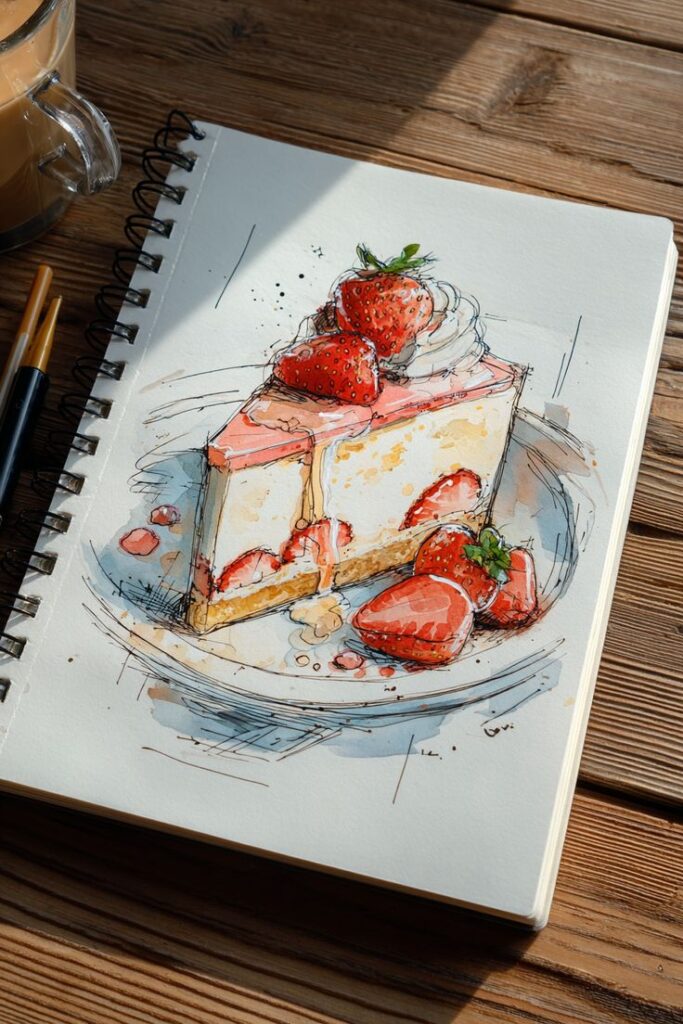 Illustrated strawberry cheesecake slice with whipped cream on sketchpad, next to pens and coffee on a wooden table.