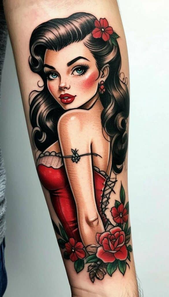 Pin-up girl tattoo with vintage style, red dress, roses, and wavy hair on forearm.