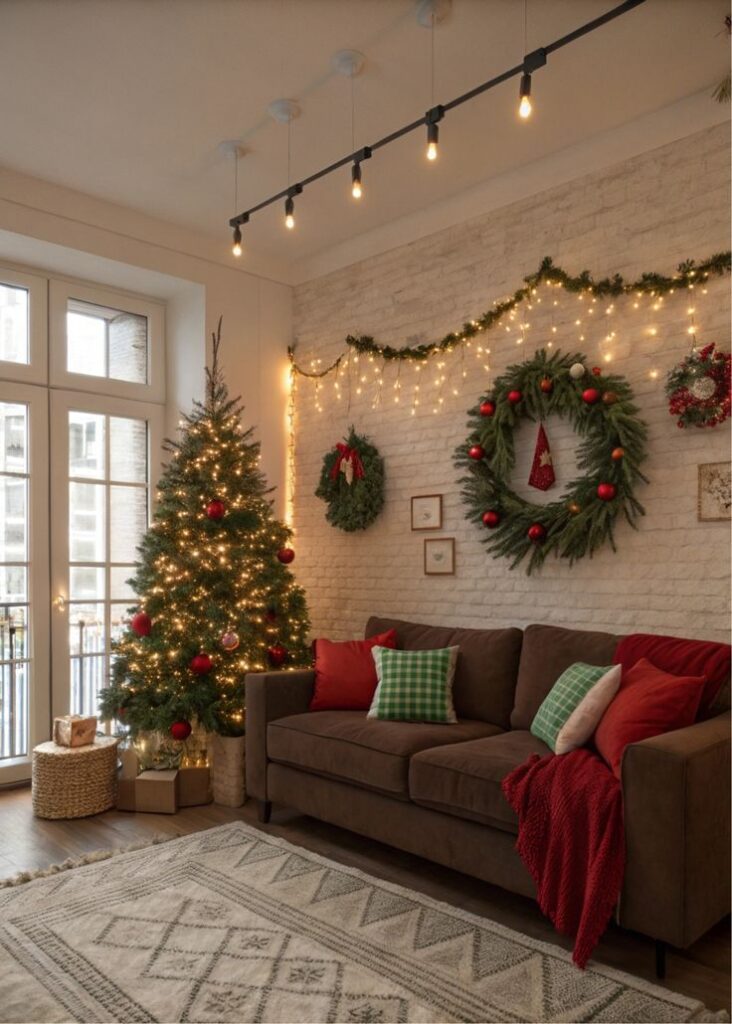 Cozy living room with Christmas tree, festive lights, wreaths, and a brown sofa adorned with red and green cushions.