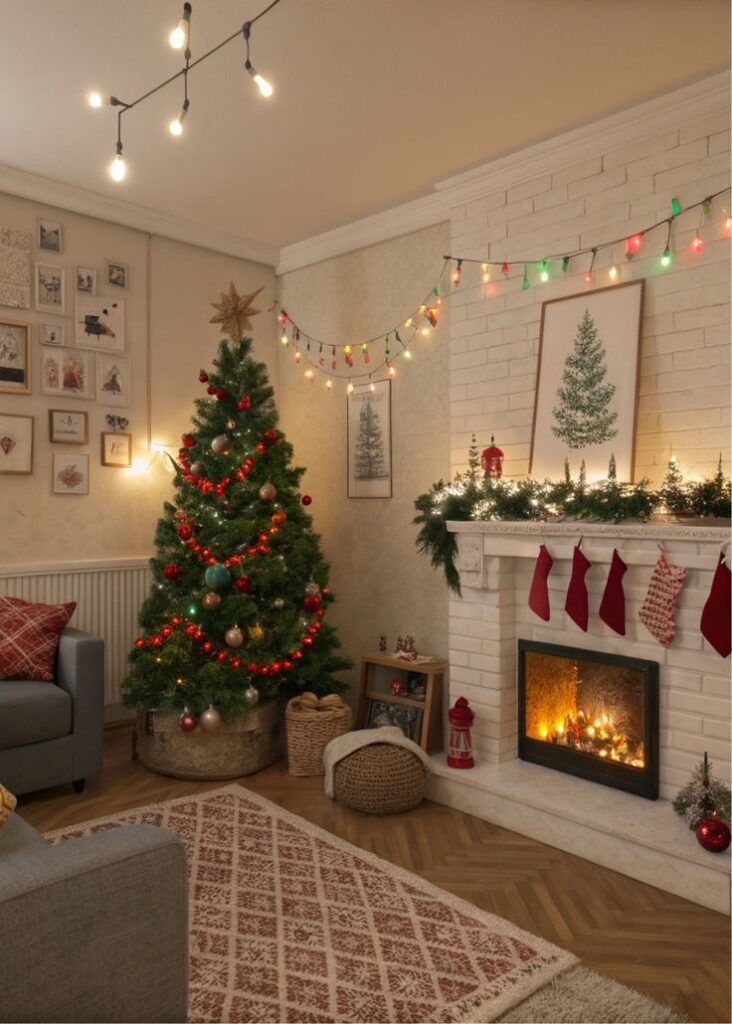 Cozy living room with decorated Christmas tree, lit fireplace, and festive stockings hanging on a white brick mantel.