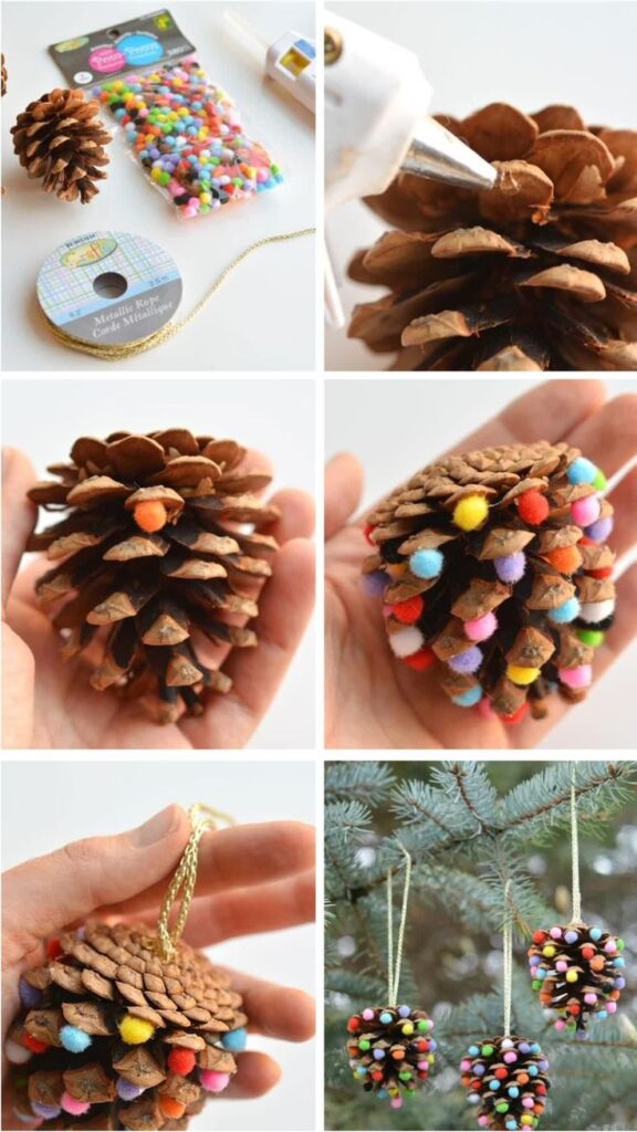 DIY pinecone ornaments with pom poms for Christmas tree decorations. Easy craft tutorial with step-by-step visuals.