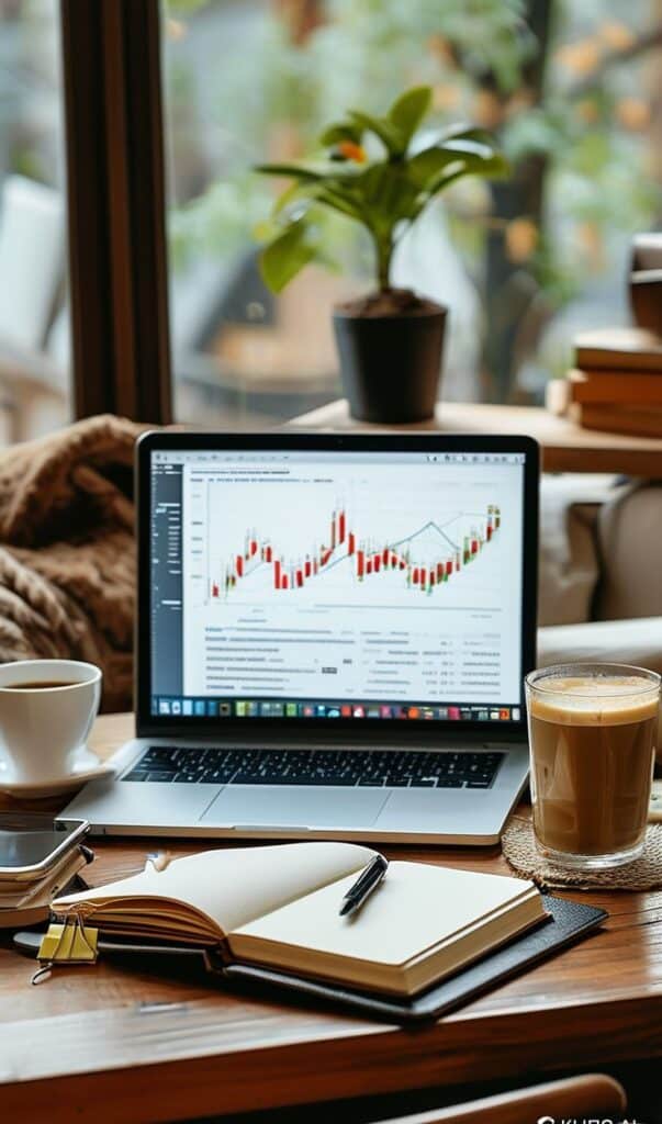 Laptop displaying stock charts on desk with coffee, notebook, and phone nearby in cozy workspace.