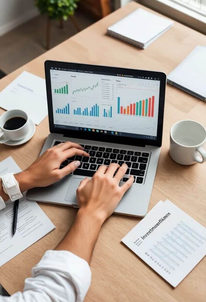 Person analyzing financial graphs on a laptop with coffee, papers, and a potted plant on a wooden desk.