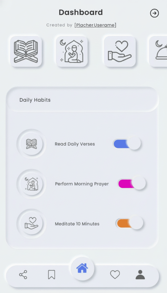 Dashboard interface showing daily habits: read verses, morning prayer, and meditation. Simple icons and toggle switches.