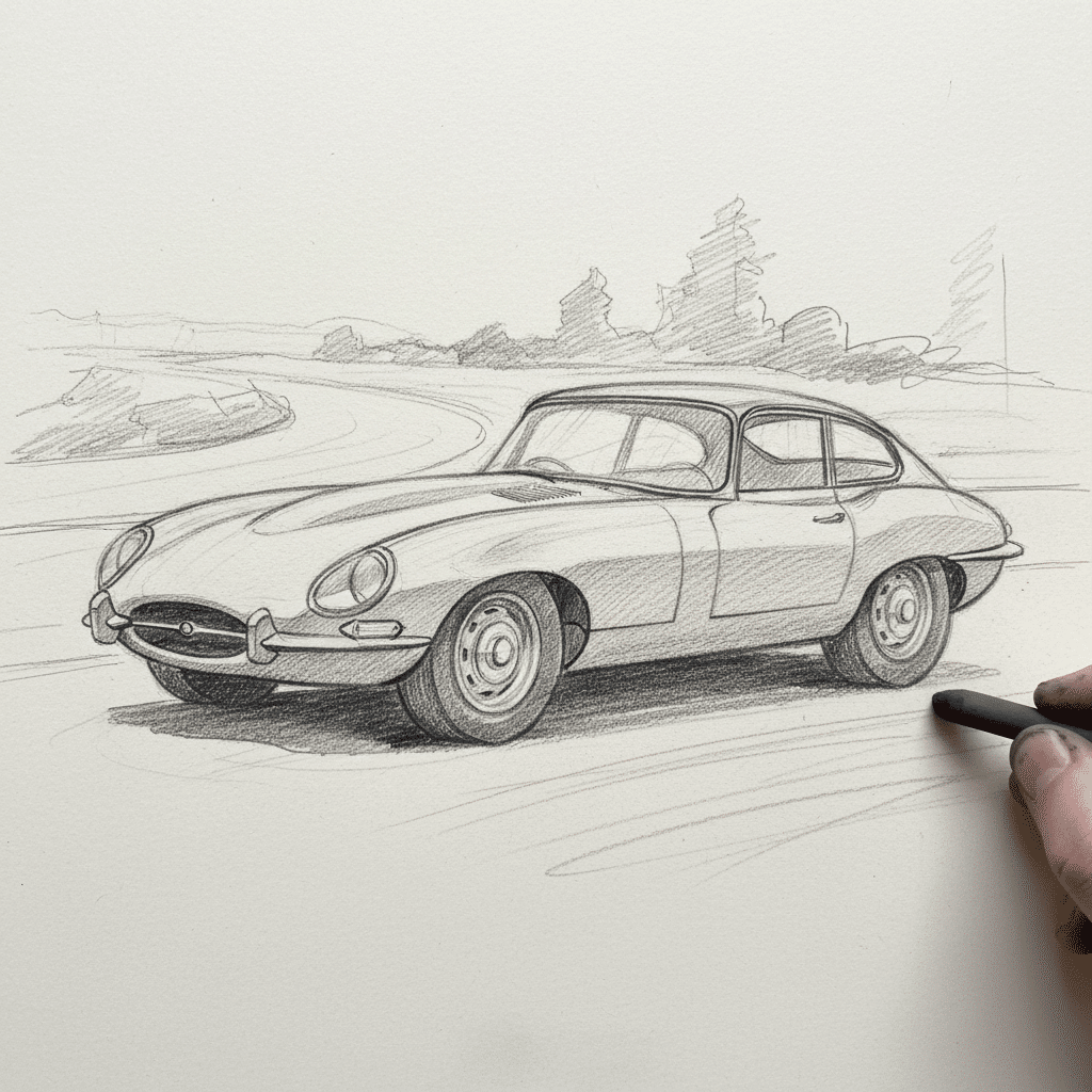 завантаження 27 Pencil sketch of a classic sports car on a winding road, with detailed shading and contours showing artistic skill. | Sky Rye Design Pencil sketch of a classic sports car on a winding road, with detailed shading and contours showing artistic skill.