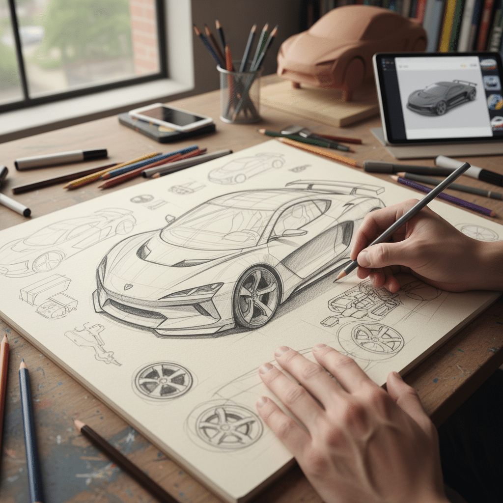 завантаження 28 Artist sketching a sleek sports car design with a tablet and model car on a creative desk setup. | Sky Rye Design Artist sketching a sleek sports car design with a tablet and model car on a creative desk setup.