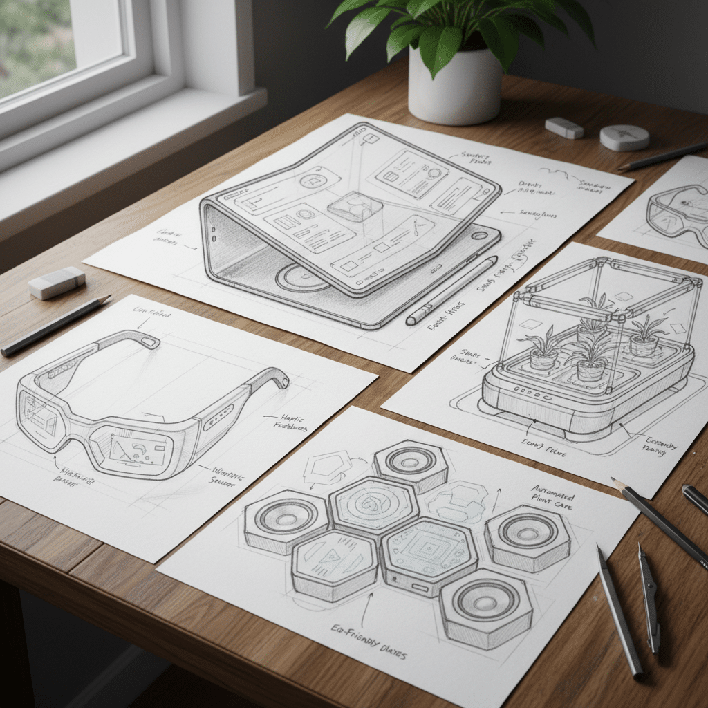 завантаження 39 Conceptual sketches of innovative tech gadgets on a wooden desk, including AR glasses and a smart greenhouse. | Sky Rye Design Conceptual sketches of innovative tech gadgets on a wooden desk, including AR glasses and a smart greenhouse.