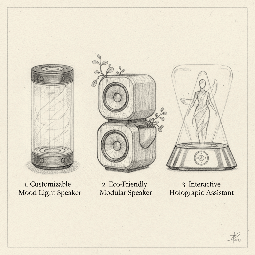 завантаження 40 Sketch of three gadgets: a mood light speaker, eco-friendly speakers, and a holographic assistant. | Sky Rye Design Sketch of three gadgets: a mood light speaker, eco-friendly speakers, and a holographic assistant.