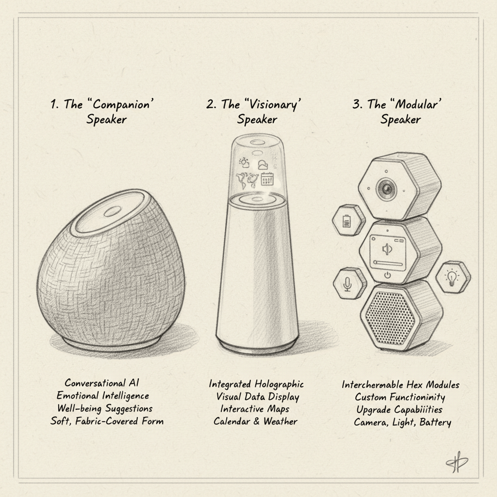 завантаження 41 Three futuristic speaker designs: Companion, Visionary, and Modular, each with unique features and functionalities. | Sky Rye Design Three futuristic speaker designs: Companion, Visionary, and Modular, each with unique features and functionalities.