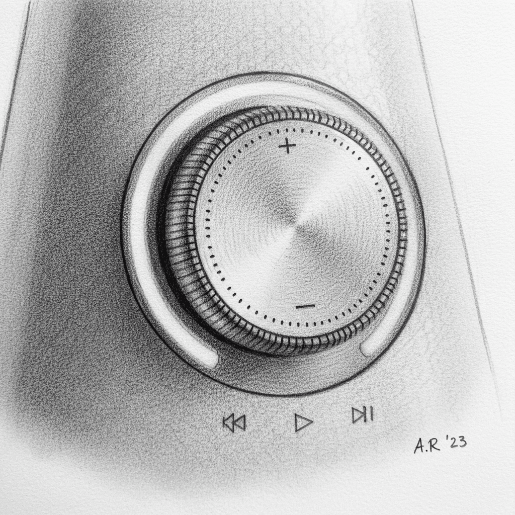 завантаження 42 Close-up of a textured metal volume knob with control buttons below. | Sky Rye Design Close-up of a textured metal volume knob with control buttons below.