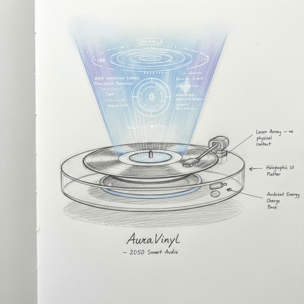 завантаження 47 Futuristic turntable concept with holographic UI and ambient energy charge base labeled AuraVinyl 2050 Smart Audio. | Sky Rye Design Futuristic turntable concept with holographic UI and ambient energy charge base labeled AuraVinyl 2050 Smart Audio.