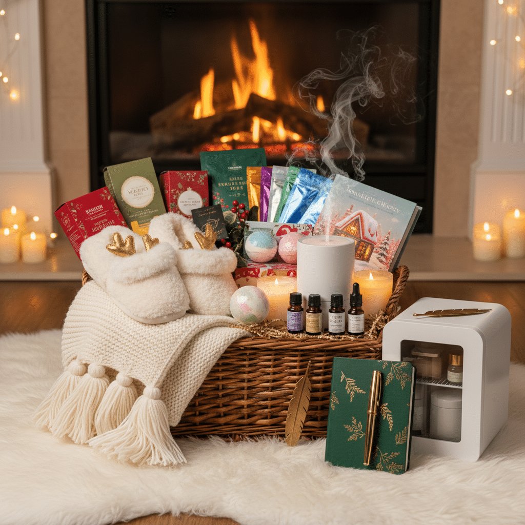 Cozy gift basket with slippers, candles, and treats by the fireplace, perfect for a warm and relaxing holiday evening.