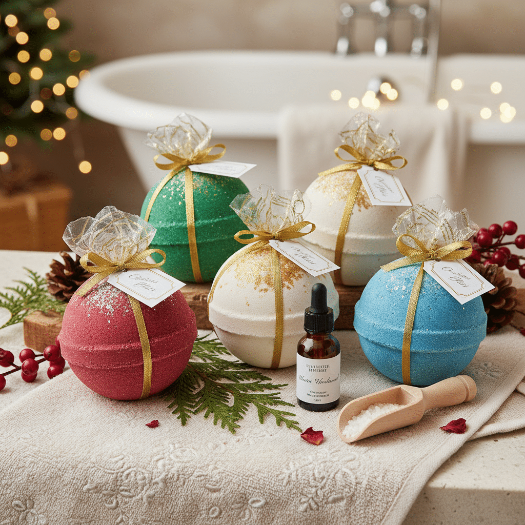 Festive bath bombs and essential oils set with holiday-themed decor in a cozy bathroom.
