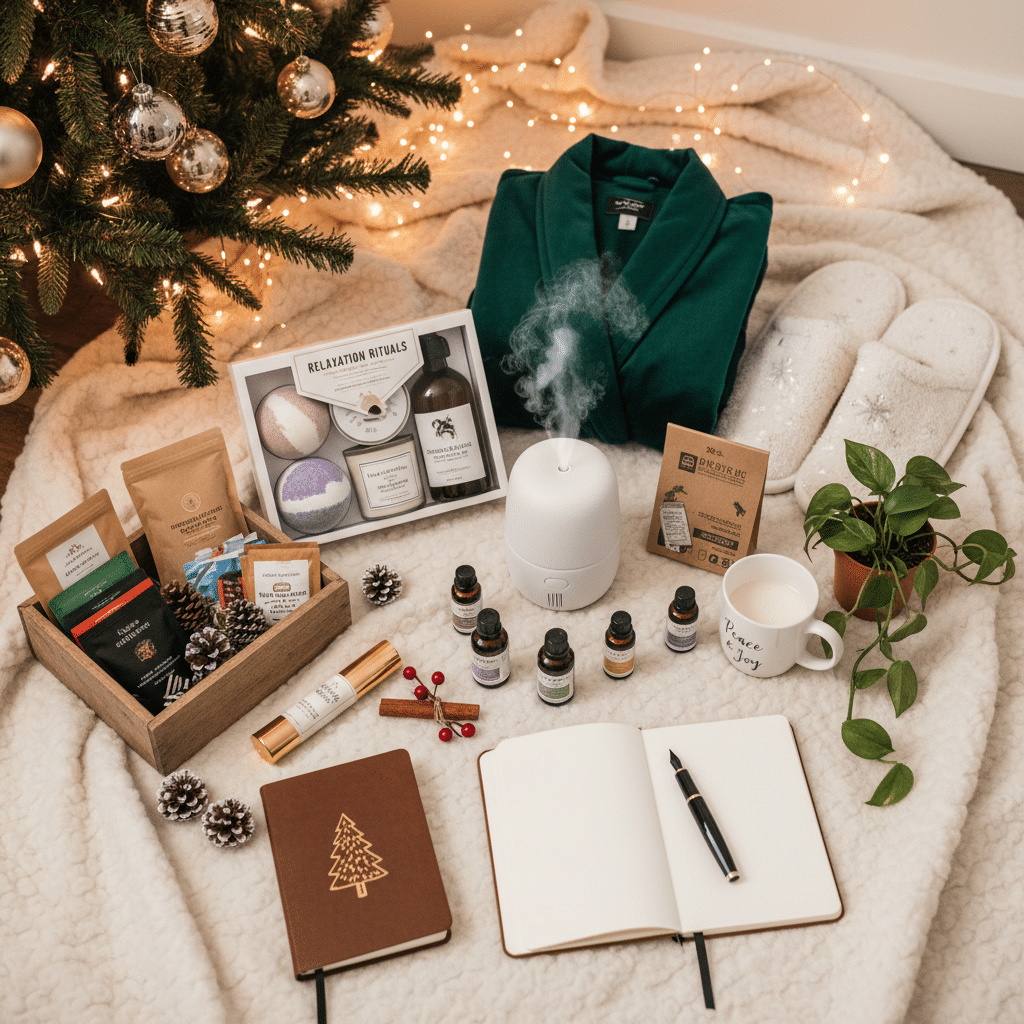 Cozy Christmas gift set with robe, slippers, relaxation kit, diffuser, teas, and journals under a decorated tree.