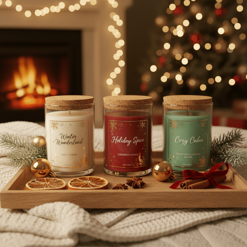 Festive scented candles on a wooden tray, cozy fireplace, Christmas tree, warm and inviting holiday scene.