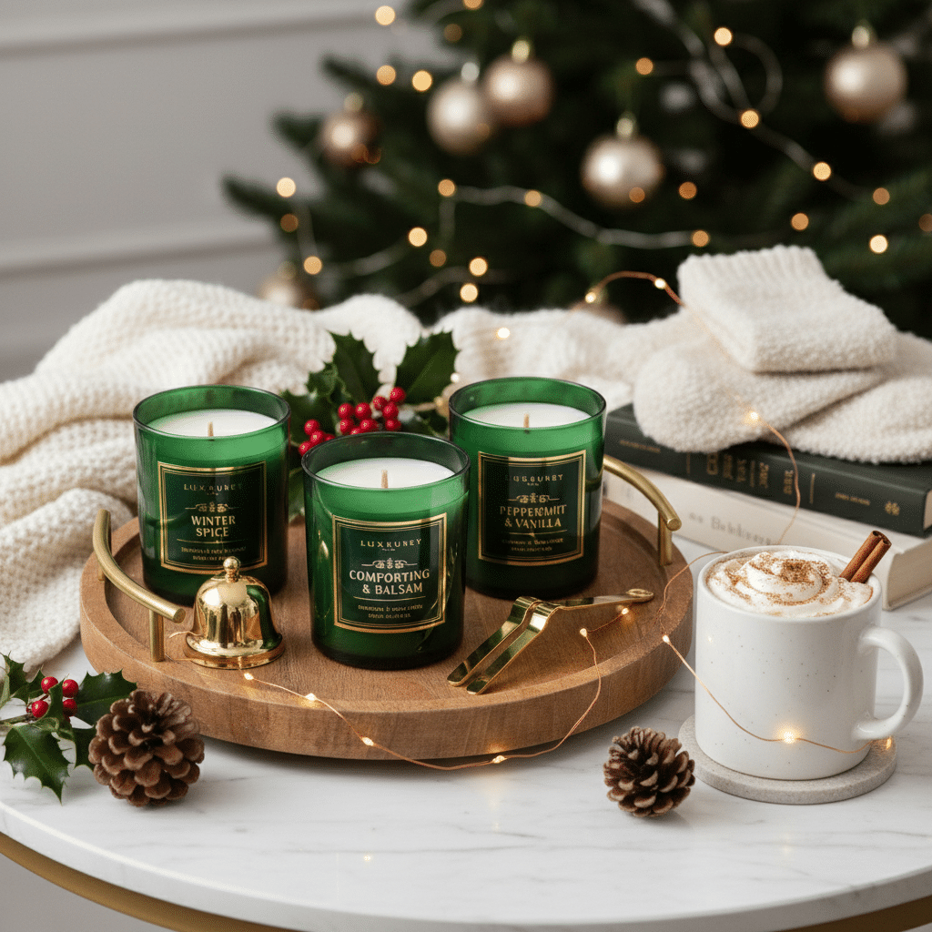 Festive holiday setting with green candles, cozy blankets, and a frothy mug near a decorated Christmas tree.
