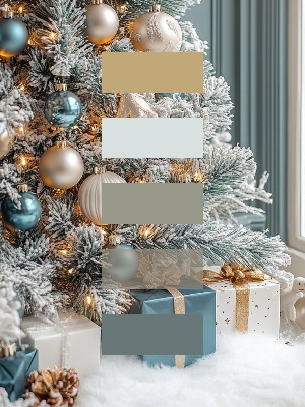 новогодняя палитра Frosted Christmas tree with gold and blue ornaments, wrapped gifts, and soft lights for a cozy holiday ambiance. | Sky Rye Design Frosted Christmas tree with gold and blue ornaments, wrapped gifts, and soft lights for a cozy holiday ambiance.
