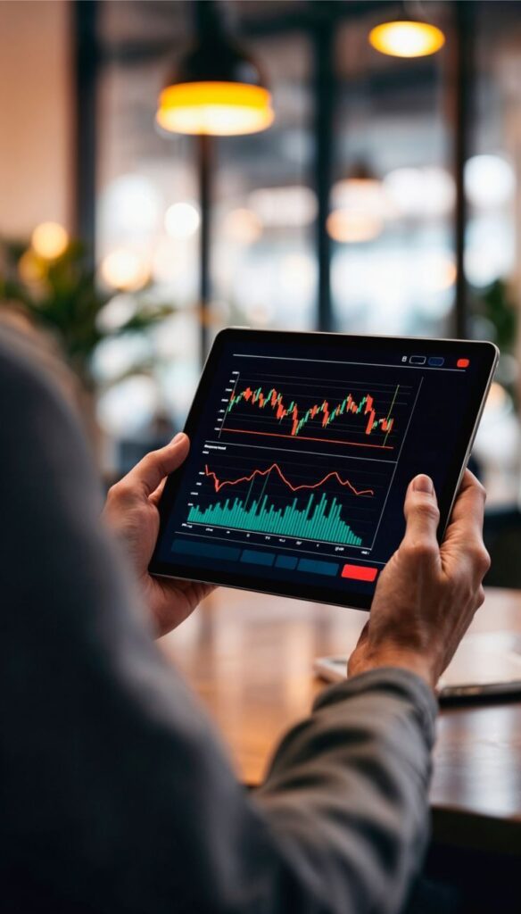 Person analyzing financial charts on a tablet in a modern office setting.