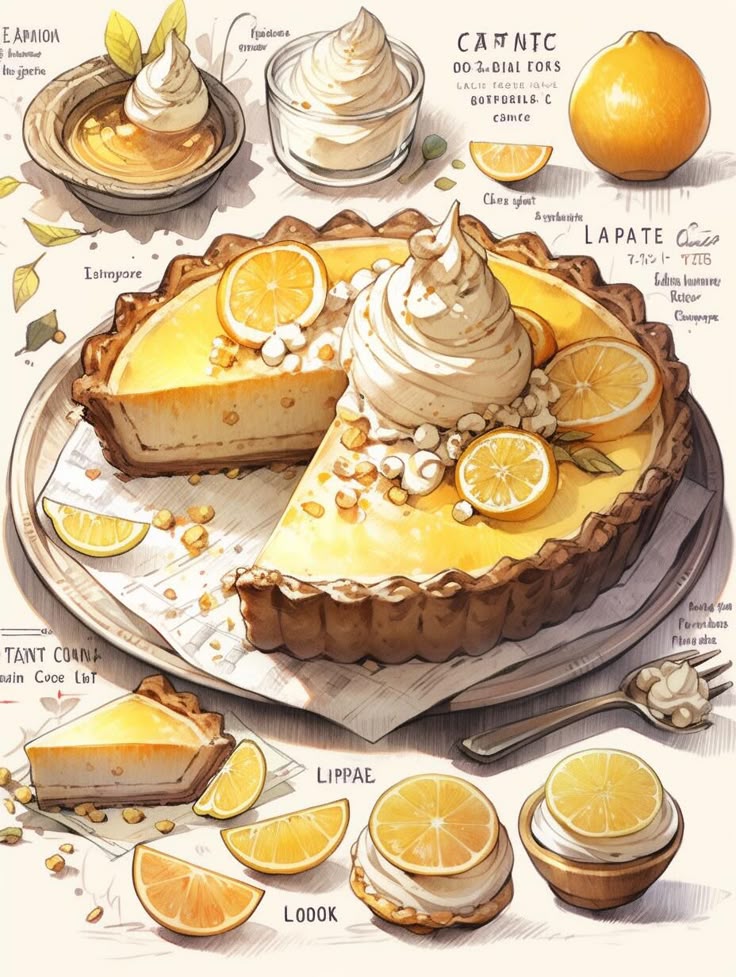 Illustrated lemon tart with whipped cream topping, surrounded by lemon slices and ingredients on a rustic table.