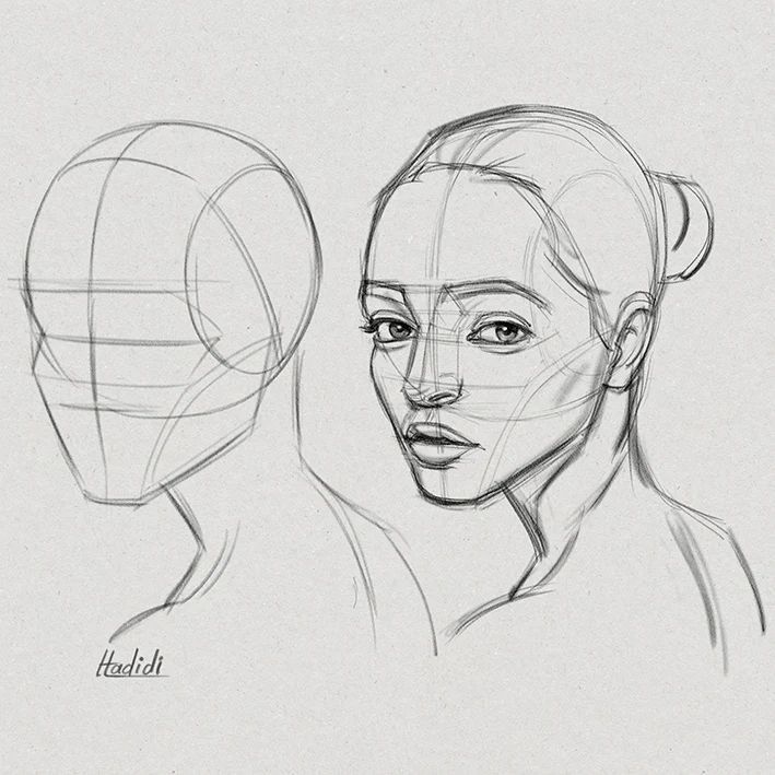 Sketch of a female face with a head construction guide. Front and angled views.