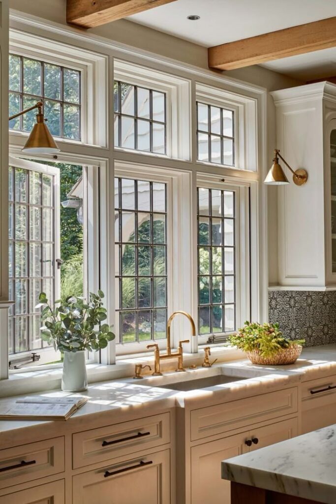 Bright kitchen with large windows, marble countertop, gold faucet, and indoor plants. Cozy, natural light.