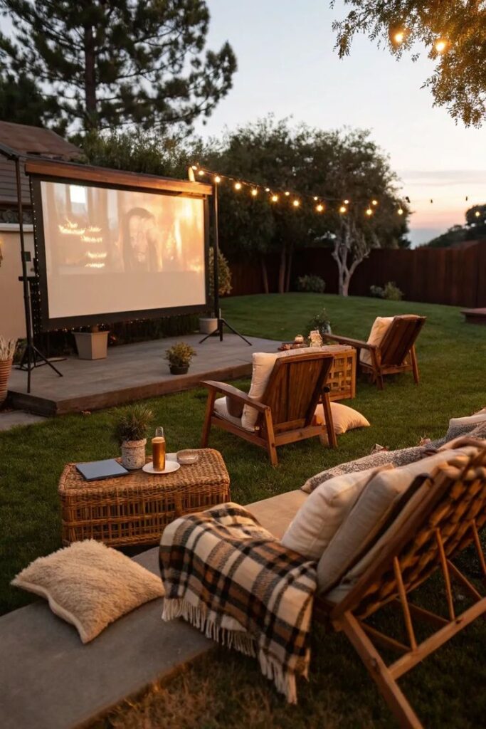 Outdoor backyard movie night setup with cozy chairs, string lights, and a projector screen at dusk.