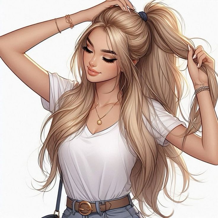 Illustration of a stylish woman with long blonde hair, wearing a white shirt and accessories, smiling confidently.